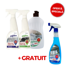 PACHET DAVERA Solutie teflon 500ml + Solutie inox 500ml + Detergent vase 500ml + GRATUIT Solutie geamuri 500ml